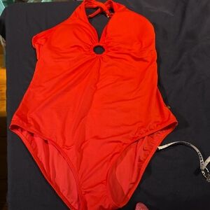 Red One-Piece Swimsuit with Keyhole Halter
